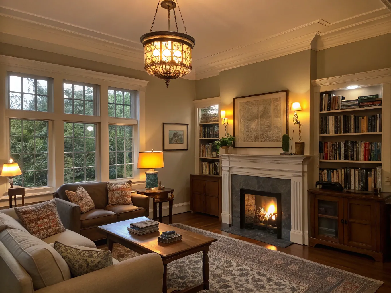 Living room with multiple light sources